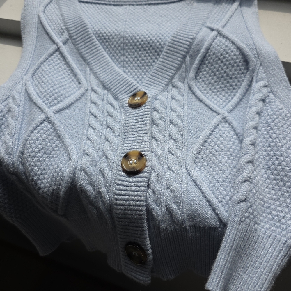 Sincerly Jules Pale Blue Cable-Knit Button Vest - Picture 4 of 4